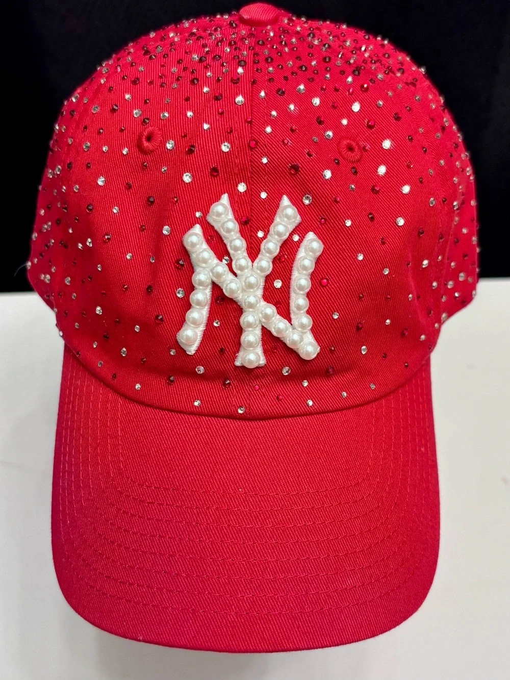 Red Pearl and Rhinestoned-Embellished Yankees Baseball Cap